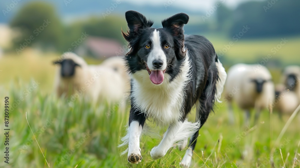Border collie actively herding sheep in a green field, showcasing its natural herding abilities on a sunny day. Border collie actively herding sheep in a green field, showcasing its natural herding abilities on a sunny day.