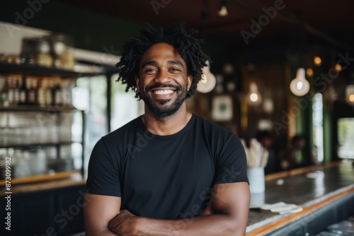 Portrait of a smiling young man leaning on bar in cafe © Baba Images