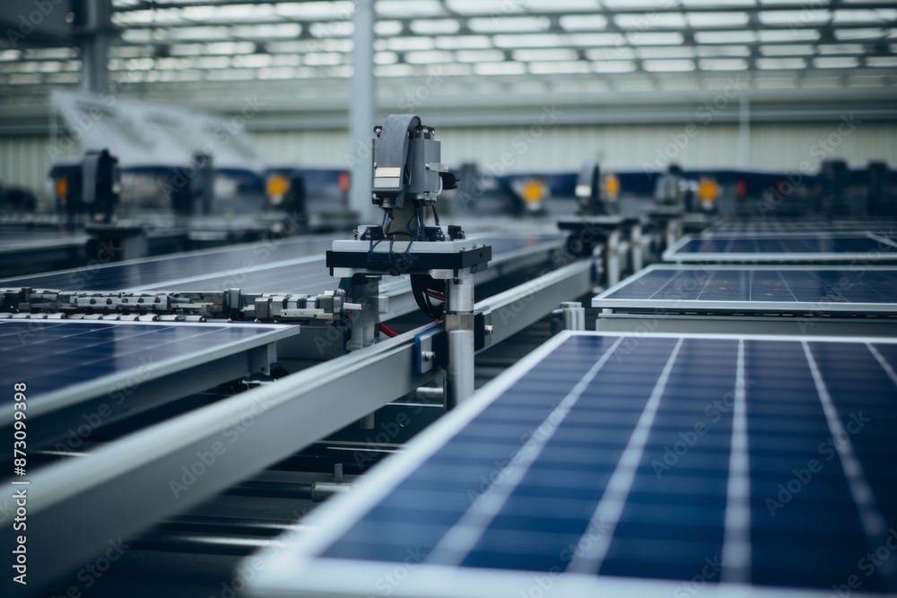 Robot arms assembling solar panels on factory production line Robot arms assembling solar panels on factory production line