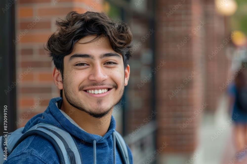 Fototapeta premium Smiling portrait of a young male Hispanic student on college campus