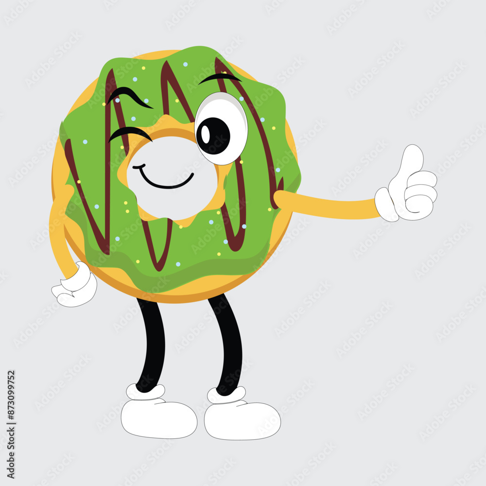 Obraz premium Donut mascot, vintage cartoon styled retro vector illustration, cute doughnut cartoon character design for t shirt design,poster,sticker and etc