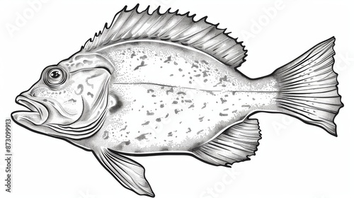 Monochrome sketch of a flatfish species living at the bottom of an ocean. Gulf summer flounders, Halibut olive flounders, Paralichthys albigutta. photo