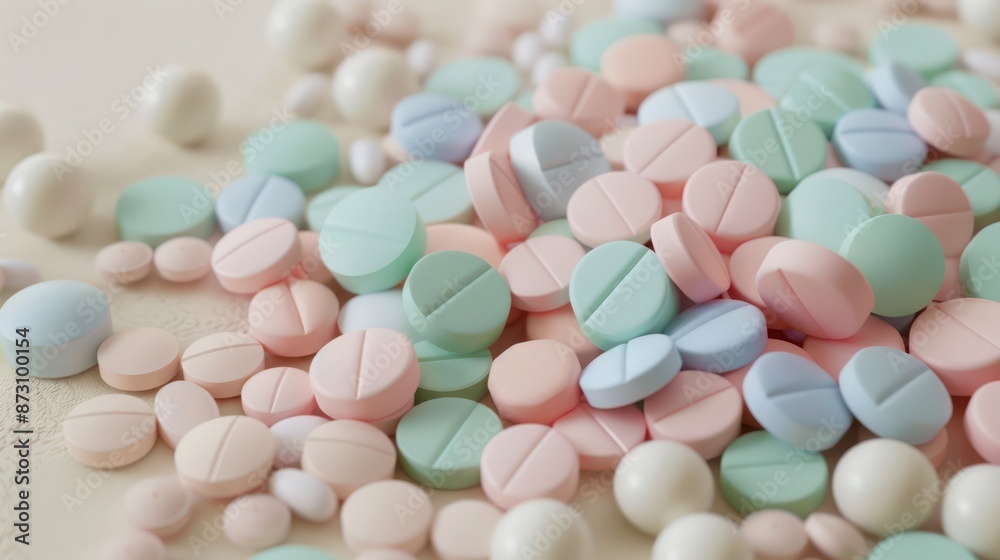 A pile of soft pastel-colored pills, including pinks, blues, and greens, creating a gentle and calming pharmaceutical display on a soft beige background. A pile of soft pastel-colored pills, including pinks, blues, and greens, creating a gentle and calming pharmaceutical display on a soft beige background.