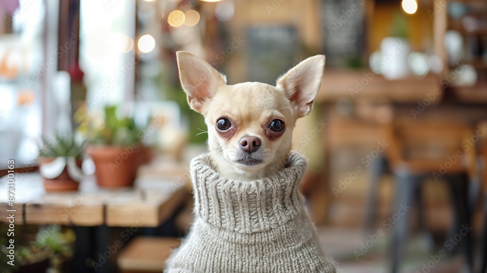An adorable Chihuahua dog wearing a cozy sweater, sitting at a table in a warm and inviting indoor setting. Perfect for pet and home themes. An adorable Chihuahua dog wearing a cozy sweater, sitting at a table in a warm and inviting indoor setting. Perfect for pet and home themes.
