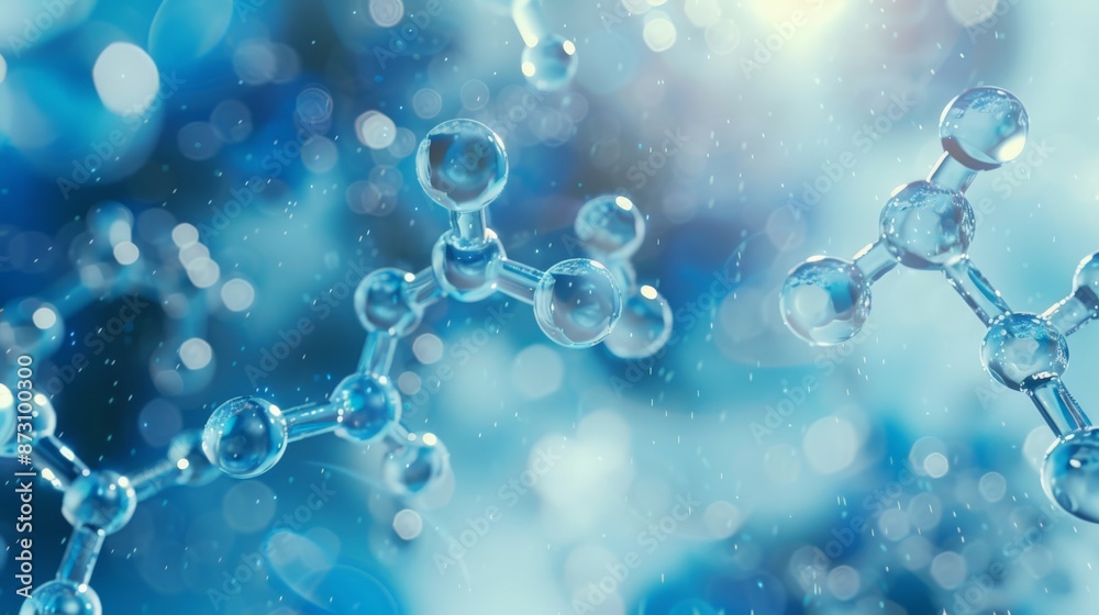 Abstract image of blue molecular structures with a bokeh background. Concept of science, healthcare, and medical research. Abstract image of blue molecular structures with a bokeh background. Concept of science, healthcare, and medical research.