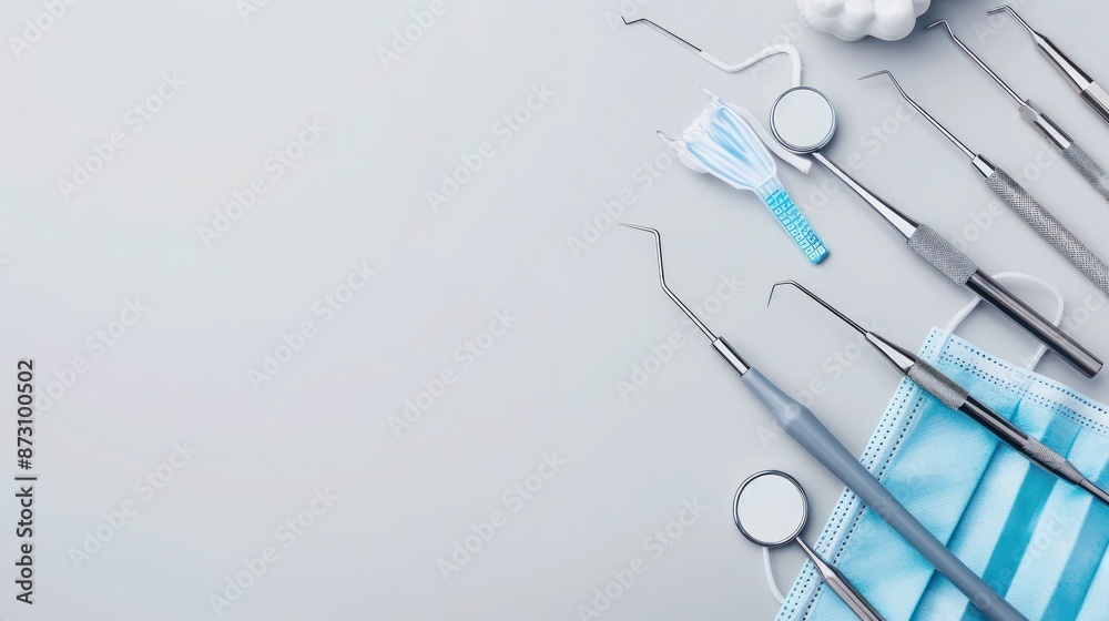 A professional flat lay of dental tools like mirrors, probes, and masks neatly arranged on a light grey background, leaving strategic copy space for dental care tips or ads. A professional flat lay of dental tools like mirrors, probes, and masks neatly arranged on a light grey background, leaving strategic copy space for dental care tips or ads.