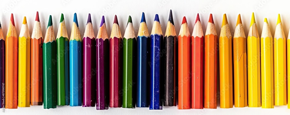 Obraz premium Colorful arrangement of sharpened colored pencils forming a vibrant horizontal line over a white background. Perfect for art and creativity concepts.
