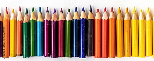Colorful arrangement of sharpened colored pencils forming a vibrant horizontal line over a white background. Perfect for art and creativity concepts.
