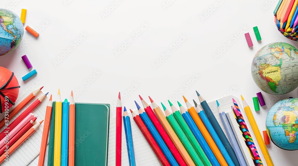 Fototapeta premium Colorful school supplies including pencils, notebooks, and globes arranged around a blank white background, perfect for educational themes.
