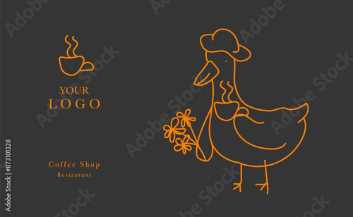 Web banner vector, coffee shop menu design. Restaurant menu design. Hand-drawn goose with cup of coffee vector illustration.