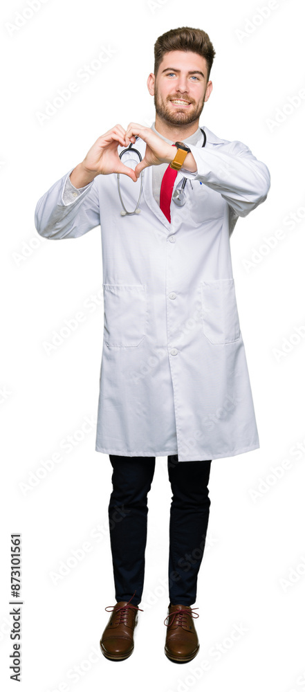 Young handsome doctor man wearing medical coat smiling in love showing heart symbol and shape with hands. Romantic concept. Young handsome doctor man wearing medical coat smiling in love showing heart symbol and shape with hands. Romantic concept.