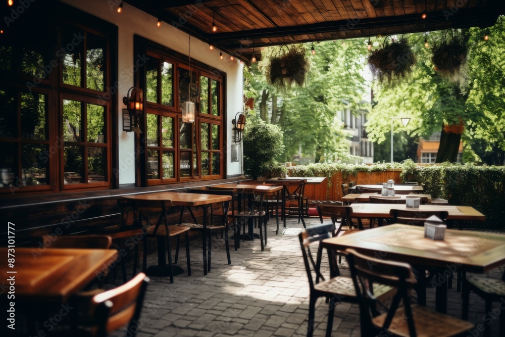 Obraz premium Exterior of wooden tables of a outdoor restaurant