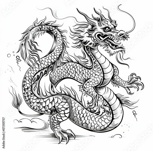 An ancient heraldic hand drawn illustration of a dragon. A magical sea dragon monster. A magnificent royal coat of arms with an engraved dragon head.