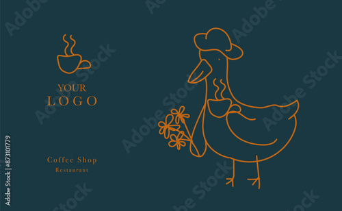 Web banner vector, coffee shop menu design. Restaurant menu design. Hand-drawn goose with cup of coffee vector illustration.