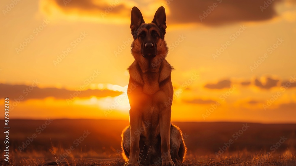A majestic German Shepherd dog sitting in a field at sunset, with the golden light creating a serene and beautiful natural setting. Perfect for nature and pet themes. A majestic German Shepherd dog sitting in a field at sunset, with the golden light creating a serene and beautiful natural setting. Perfect for nature and pet themes.