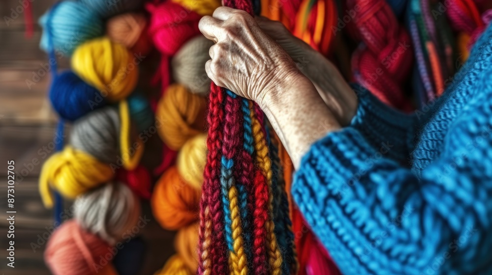 A close-up shot of a knitters hands, working with brightly colored yarn A close-up shot of a knitters hands, working with brightly colored yarn