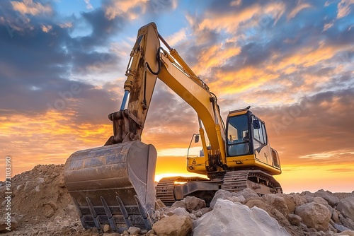 A powerful excavator at work in a quarry at sunrise, showcasing the machinery and industrial landscape. photo