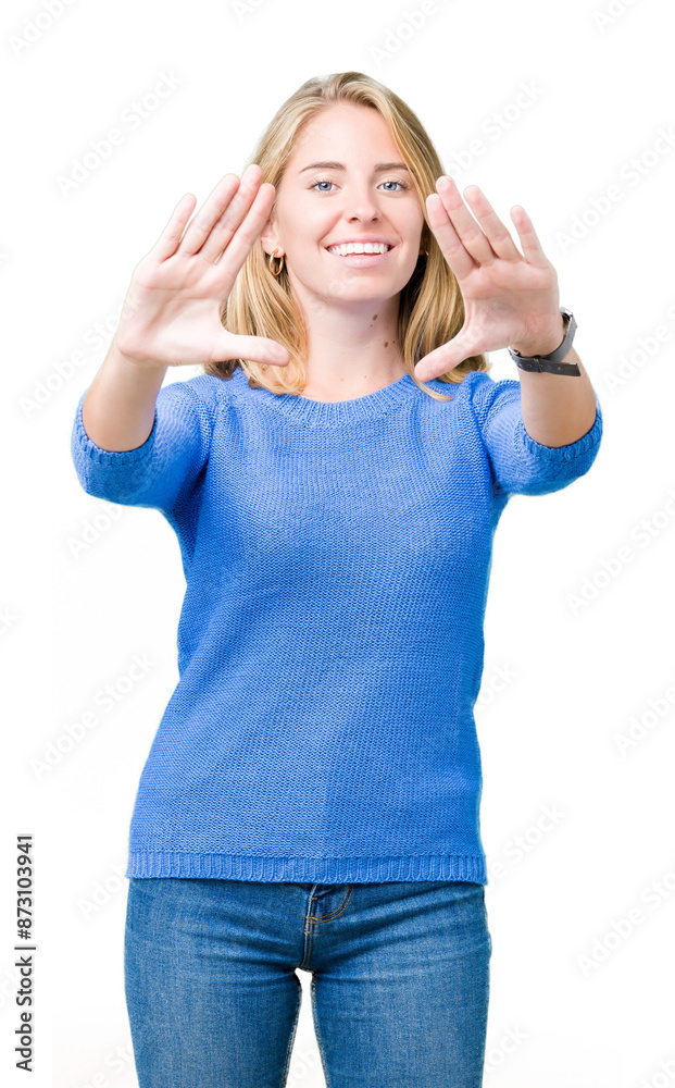 Beautiful young woman wearing blue sweater over isolated background Smiling doing frame using hands palms and fingers, camera perspective Beautiful young woman wearing blue sweater over isolated background Smiling doing frame using hands palms and fingers, camera perspective