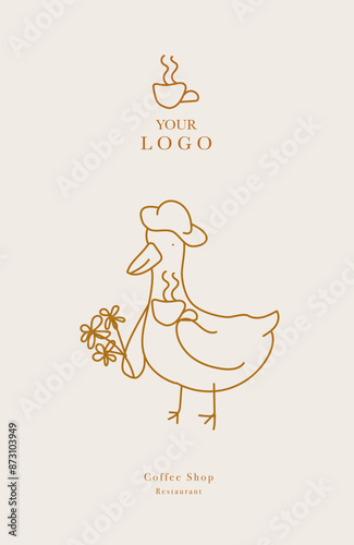 Web banner vector, coffee shop menu design. Restaurant menu design. Hand-drawn goose with cup of coffee vector illustration.