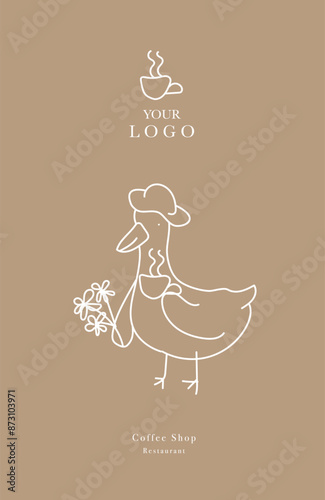 Web banner vector, coffee shop menu design. Restaurant menu design. Hand-drawn goose with cup of coffee vector illustration.