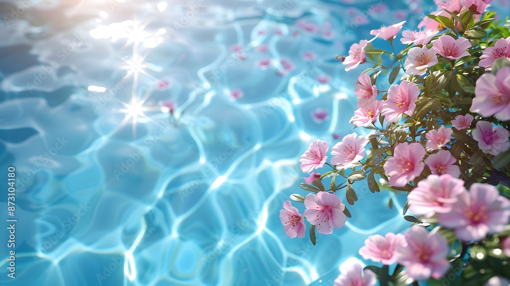 Beautiful blue swimming pool with pink flowers in the garden. Sunlight and water ripples. Summer vacation background banner, copy space concept. Beautiful blue swimming pool with pink flowers in the garden. Sunlight and water ripples. Summer vacation background banner, copy space concept.