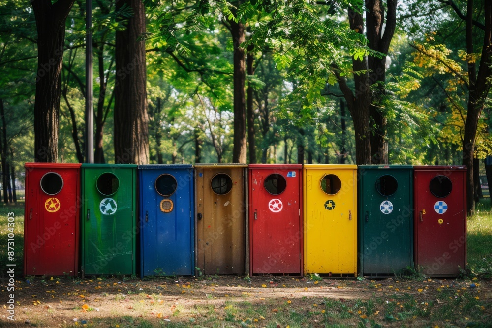 Recycling bins of different color in a city park Recycling bins of different color in a city park