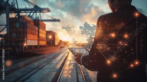 Businessman Holding a Tablet with Global Network Connections at a Shipping Port