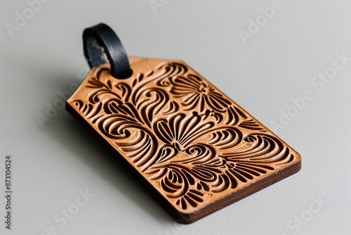 Intricate embossed designs on leather tag, showcasing craftsmans photo