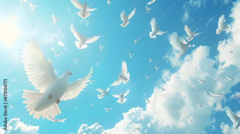 Blue sky backdrop with a cluster of white doves ascending on the left, minimalist design, ample space for text overlay, promotional banner, 3D rendering. Blue sky backdrop with a cluster of white doves ascending on the left, minimalist design, ample space for text overlay, promotional banner, 3D rendering.