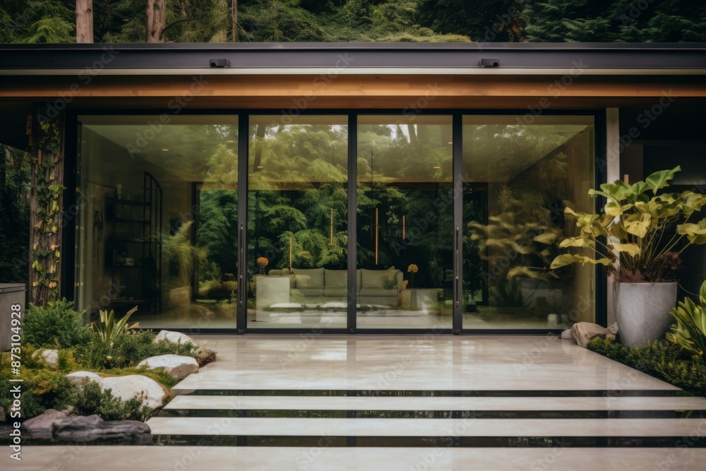Obraz premium Aesthetic modern home entrance with sliding glass doors