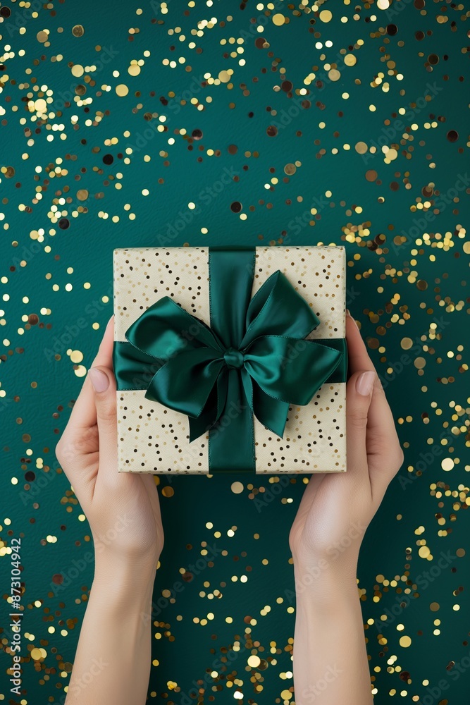 Hands holding a beautifully wrapped gift with a green bow on a green background with festive decorations. Perfect for Christmas, celebrations, and gift-giving themes. Hands holding a beautifully wrapped gift with a green bow on a green background with festive decorations. Perfect for Christmas, celebrations, and gift-giving themes.