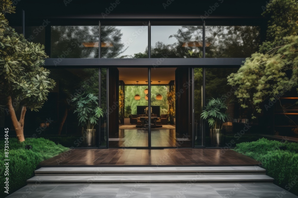 Obraz premium Aesthetic modern home entrance with sliding glass doors