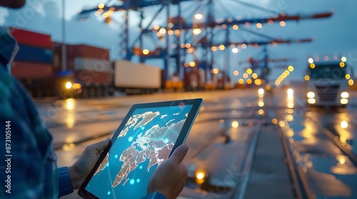 Businessman Holding a Tablet with Global Network Connections at a Shipping Port