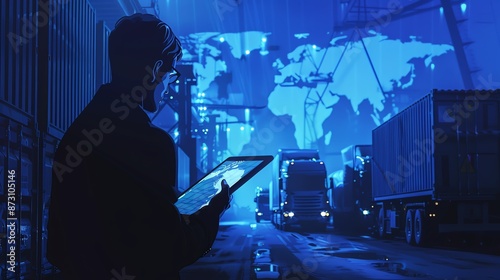 Businessman Holding a Tablet with Global Network Connections at a Shipping Port