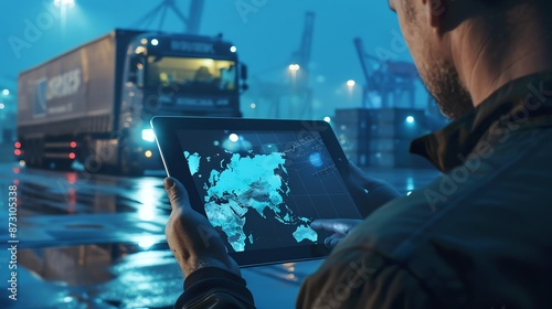 Businessman Holding a Tablet with Global Network Connections at a Shipping Port