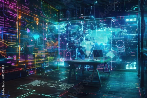 Futuristic digital workspace with holographic data displays and a world map for technological innovation and cyber infrastructure analysis.