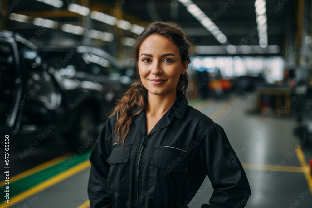 Portrait of a smiling woman working in a automotive factory Portrait of a smiling woman working in a automotive factory