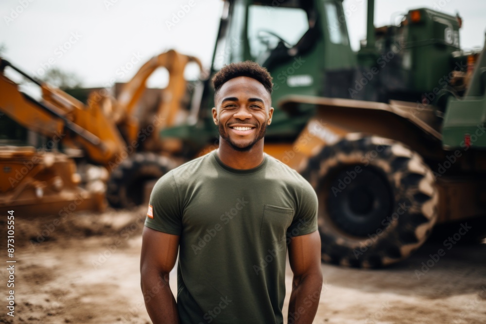 Portrait of a young man standing next to heavy machinery on construction site Portrait of a young man standing next to heavy machinery on construction site