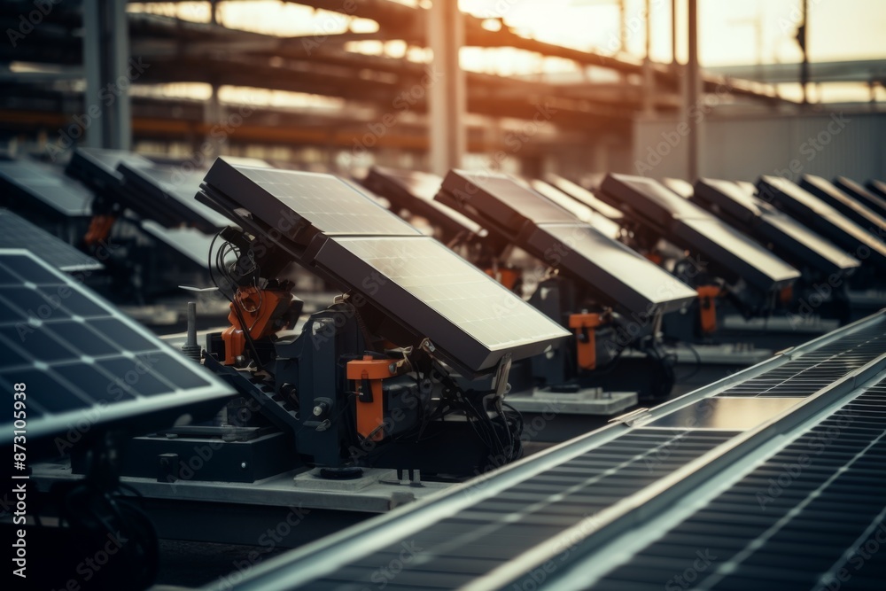 Robot arms assembling solar panels on factory production line Robot arms assembling solar panels on factory production line
