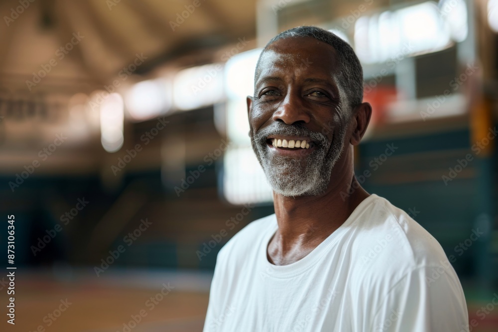 Portrait of a senior African American man in indoor basketball gym
