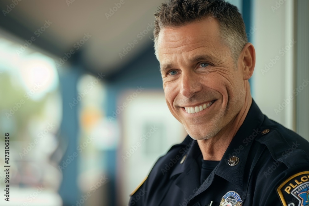 Smiling portrait of a middle aged Caucasian male police officer Smiling portrait of a middle aged Caucasian male police officer