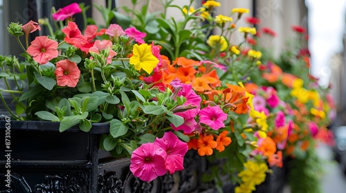 Colorful flowers in window boxes on the side of an urban building, focusing on the vibrant and detailed floral arrangements that add color to city life.