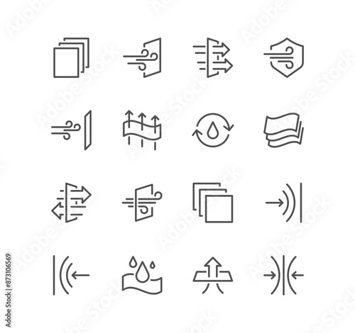 Set of fabric properties and related icons, stetching, windproof, breathable and linear variety vectors.	
