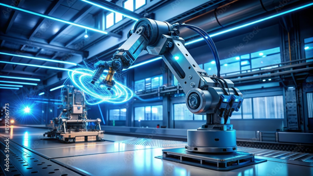 Fototapeta premium Industrial robotic arm with glowing blue circuits and wires stands in modern futuristic laboratory, symbolizing autonomous technological advancements.