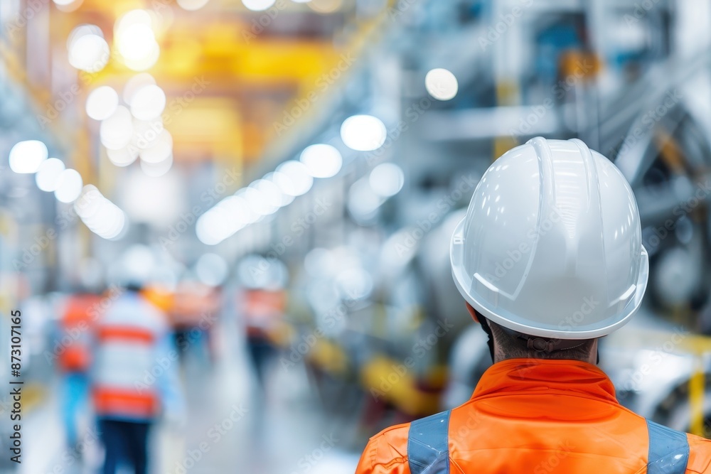 A worker in an orange safety vest and white helmet observes the machinery in a brightly lit industrial factory setting. A worker in an orange safety vest and white helmet observes the machinery in a brightly lit industrial factory setting.
