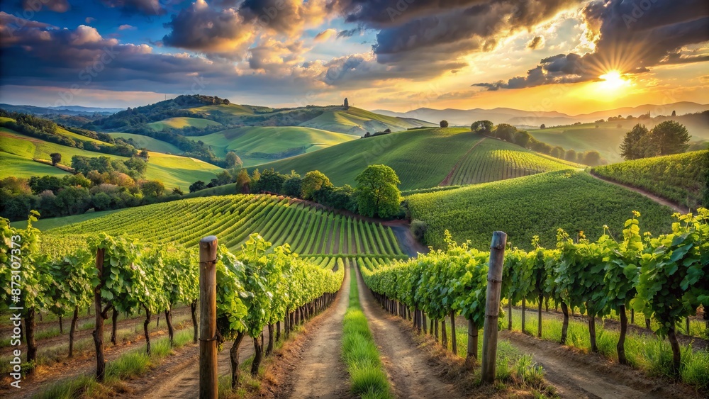 Fototapeta premium Rolling hills of lush green vineyards stretch towards the horizon, rows of ripening grapes clinging to rustic wooden trellises.