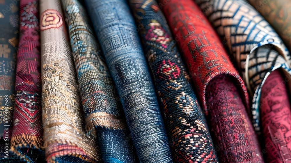 Detailed view of assorted fabric swatches, showcasing a variety of textures and patterns, indicative of textile design and fashion creation. Detailed view of assorted fabric swatches, showcasing a variety of textures and patterns, indicative of textile design and fashion creation.