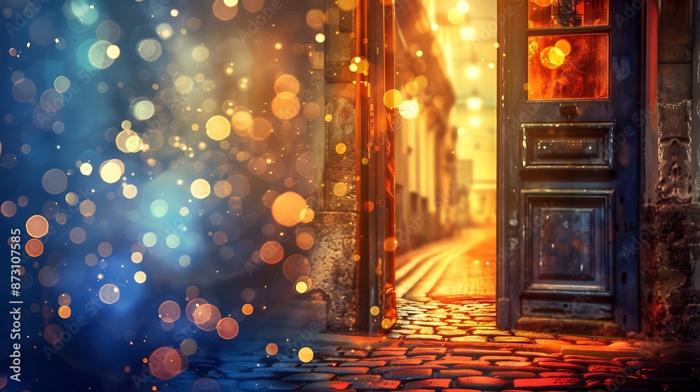 An open door on a cobblestone street with warm, colorful bokeh lights, night view creating a magical and charming atmosphere, minimalistic and cozy An open door on a cobblestone street with warm, colorful bokeh lights, night view creating a magical and charming atmosphere, minimalistic and cozy