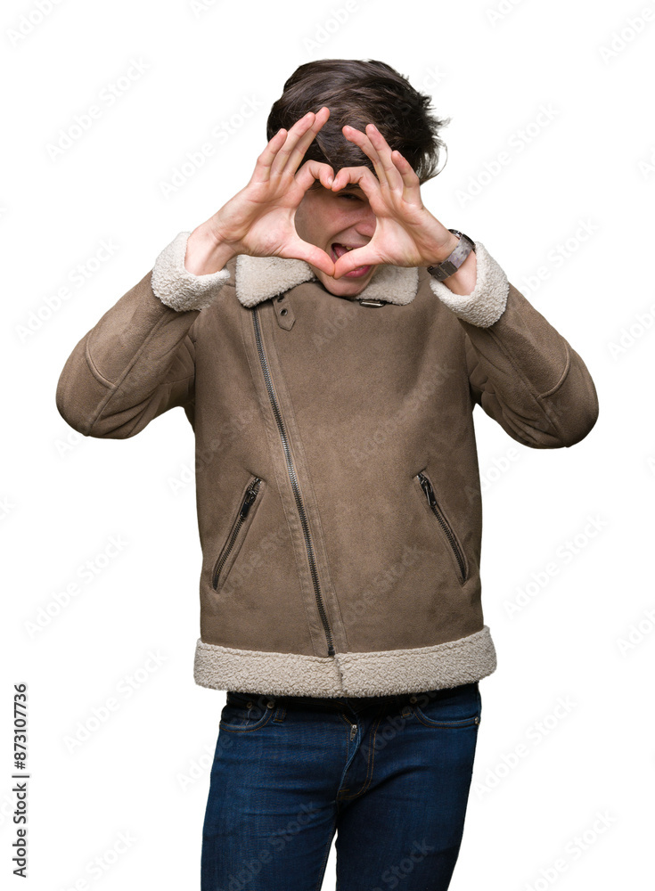 Young handsome man wearing winter coat over isolated background Doing heart shape with hand and fingers smiling looking through sign Young handsome man wearing winter coat over isolated background Doing heart shape with hand and fingers smiling looking through sign
