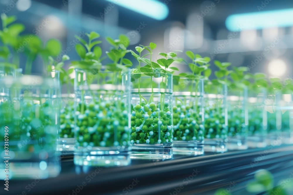 Close-up view of seedlings in glass containers lined up on a table under laboratory lights, showcasing modern agricultural techniques. Close-up view of seedlings in glass containers lined up on a table under laboratory lights, showcasing modern agricultural techniques.